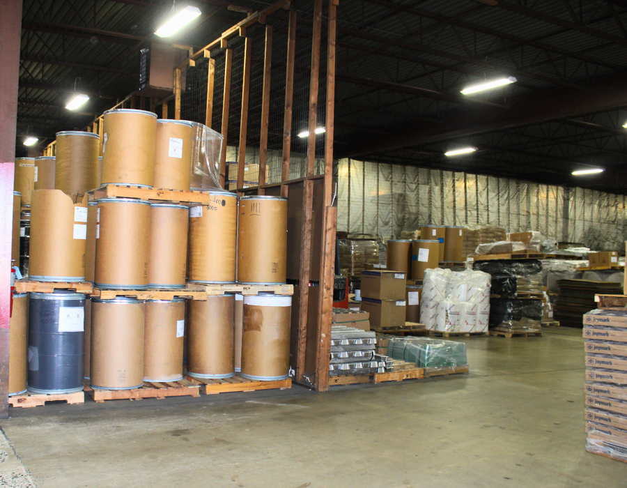 Pallets of foundry supplies inside a warehouse