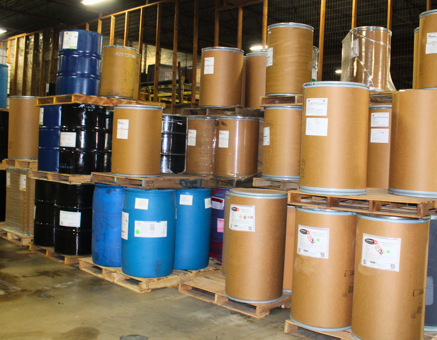 Pallets of drums inside a warehouse