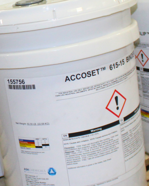 White buckets containing ASK Chemicals ACCOSET Binder